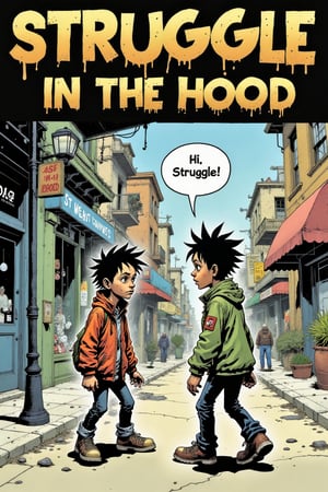 Comic book scene titled "STRUGGLE IN THE HOOD" in bold, graffiti-inspired font across the top. Below, two characters pass each other on a gritty urban street corner: one, with a humorous, tired expression, greets the other with a speech bubble, "Hi Struggle!" The background shows faded store fronts, a half-broken street lamp, and cracked sidewalks, creating a whimsical yet detailed inner-city vibe. Cartoonish, exaggerated comic style with urban, humorous details.,Mangaka style