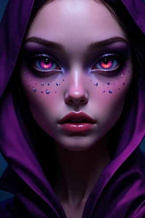 A striking portrait of an alien woman with large, reflective eyes in a deep, vivid purple hue, resembling the rich colors of a distant nebula. Her eyes have a gradient that transitions from dark violet at the center to a lighter, more luminous shade towards the edges, giving her an intense, mysterious gaze. Her nose is narrow and refined, with a shallow base and a slightly upturned tip, adding to her delicate, ethereal beauty. Her skin is smooth and reflective, like polished marble, with tiny gemstones embedded in subtle geometric patterns along her cheekbones and forehead. The face paint is understated and geometric, with thin, delicate lines in silver that highlight the natural contours of her face without overwhelming her features. Her lips are glossy and plump, with a natural rosy hue that adds a touch of warmth to her otherwise cool-toned appearance. She is adorned with a luxurious satin scarf in a deep, royal purple, draped elegantly around her neck and shoulders. Strong rim lighting enhances the glow of her violet eyes and the reflective quality of her skin, creating a composition that is both regal and otherworldly, like a queen from a far-off galaxy.