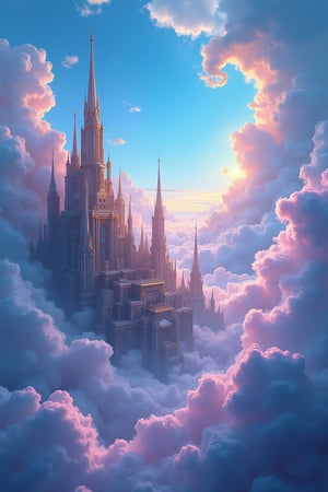 A surreal, ultra-high definition (UHD) skyscape featuring a nephogram of swirling, cloudpunk-inspired clouds with a hyper-detailed fantasy city nestled amidst them. The city is a breathtaking sight, with tall, ornate spires and intricately designed towers that pierce through the clouds, their structures bathed in a soft, ethereal glow. The clouds are rendered with bold, sharp lines, swirling in vibrant, electric colors—neon blues, purples, and pinks—that contrast with the golden and silver hues of the city. The scene captures the immense scale of the sky and the city, making it feel both majestic and otherworldly, as if the city is floating in a dreamlike, surreal realm.