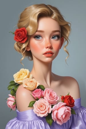 A **classical oil portrait** featuring a young woman in a soft, **lavender silk gown**, the fabric falling gracefully off her shoulders and revealing her **shiny skin**. **Clusters of roses** in various shades of soft pink, pale yellow, and crimson are delicately arranged across her shoulders and chest, adding vibrant bursts of color to the scene. Her **cheeks are softly blushed**, with a light dusting of **freckles** across her nose and upper cheeks.

The roses are painted with careful attention to detail, each petal individually rendered, creating a rich texture against the smoothness of her skin. Her expression is calm and elegant, while the **silk gown** catches the light, its sheen contrasting with the softness of the roses. The background is a muted **gray-blue**, creating a cool, serene atmosphere that emphasizes her femininity and the vibrant hues of the roses.

Shiny skin, eyeliner, volumetric lighting, heavy eyeshadow, (((youthful))), ((young)), (freckles), luscious full lips, small perky nose, ivory skin, big reflective eyes, blue eyes, delicate hair, blonde

,SamYoung_Illustration