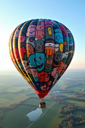 A **hot air balloon** soaring through the sky, its entire surface covered in graffiti. The balloon's patchwork fabric has been painted with bold designs—cartoon faces, abstract symbols, and a riot of colors blending together. Against the clear sky, the graffiti stands out vividly, making the hot air balloon look like a floating canvas. Below, the landscape stretches out—green fields and blue lakes—creating a stark contrast between the peaceful scenery and the chaotic, rebellious art.