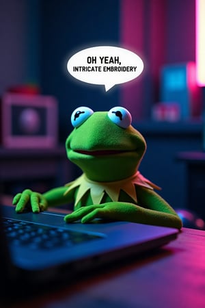 View from a laptop on a desk as kermit the frog types on the laptop keyboard in dark neon lit room with speech bubble saying "OH YEAH, INTRICATE EMBROIDERY". The view is frontal from the laptop camera. Laptop point of view with only the keyboard visible.