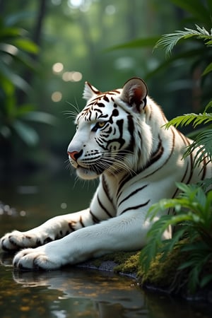 A close-up, hauntingly beautiful image of an exotic jungle animal—a majestic white tiger resting by the edge of a calm stream. The tiger’s fur is sleek and immaculate, its stripes a striking contrast against the soft green backdrop. Its eyes are half-closed in peaceful repose, reflecting the soft glow of the diffused sunlight filtering through the trees. Around the tiger, the lush jungle is alive with subtle details—the intricate patterns of fern leaves, the delicate blossoms of orchids, and the quiet hum of insects. The atmosphere is one of deep tranquility, with the presence of the tiger adding a sense of calm, powerful serenity to the scene. The soft sounds of the jungle—a distant waterfall, the rustle of leaves—blend together to create a peaceful, almost sacred ambiance.