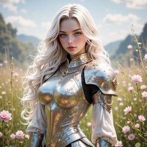 4K anime style quality, digital drawing mode, an elegant female knight with long white hair and glowing emerald eyes, wearing delicate silver armor with floral patterns, standing in a tranquil meadow with flowers blooming around her, her radiant skin glowing with purity, calm and composed expression, full body, dynamic pose, life size, perfect anatomy, detailed skin texture, full HD, 4K, HDR, depth of field.