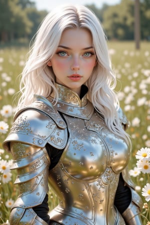 4K anime style quality, digital drawing mode, an elegant female knight with long white hair and glowing emerald eyes, wearing delicate silver armor with floral patterns, standing in a tranquil meadow with flowers blooming around her, her radiant skin glowing with purity, calm and composed expression, full body, dynamic pose, life size, perfect anatomy, detailed skin texture, full HD, 4K, HDR, depth of field.