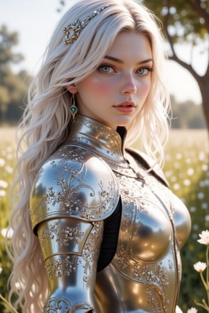 4K anime style quality, digital drawing mode, an elegant female knight with long white hair and glowing emerald eyes, wearing delicate silver armor with floral patterns, standing in a tranquil meadow with flowers blooming around her, her radiant skin glowing with purity, calm and composed expression, full body, dynamic pose, life size, perfect anatomy, detailed skin texture, full HD, 4K, HDR, depth of field.