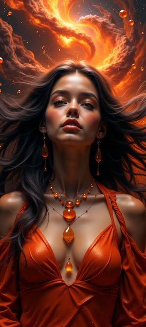 "A surreal fantasy scene unfolds: A single girl with long, flowing hair stands amidst a mesmerizing tableau of colors merging and blending in various areas. Her features are radiant under the warm light, surrounded by harmonious color matching. Drops of liquid metal, wet and viscous, form a dynamic, fluid appearance around her neck, where an amber necklace adorns her navel. The space nebula background glows with vibrant hues, as swirling gases create an otherworldly wonder. Her long hair flows like a vortex, surrounded by scarlet and black colors blending in a colorful, dreamlike atmosphere, evoking symmetrical beauty and a sense of warm, ethereal light.\n\n\n"