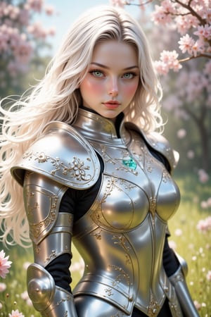 4K anime style quality, digital drawing mode, an elegant female knight with long white hair and glowing emerald eyes, wearing delicate silver armor with floral patterns, standing in a tranquil meadow with flowers blooming around her, her radiant skin glowing with purity, calm and composed expression, full body, dynamic pose, life size, perfect anatomy, detailed skin texture, full HD, 4K, HDR, depth of field.