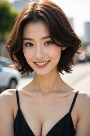 A 24-year-old Japanese beauty Maiko poses confidently in a stylized street snap setup, basking in the warmth of bright outdoor light. Her short, rich brown hair frames her expressive eyes, conveying a thousand emotions with effortless ease. A charming smile highlights her slender yet curvaceous physique, as pale skin glistens with photorealistic precision, drawing the viewer's gaze to her captivating features. (upper body portrait), (from frontal low-angle)