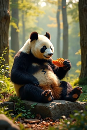 In a lush, sun-dappled clearing deep within the woods, a giant panda sits comfortably on a natural rock formation, surrounded by tall trees and underbrush. He holds a crispy piece of fried chicken in his paw, taking a leisurely bite as he savors the savory flavors. The lighting is soft and warm, casting dappled shadows across the forest floor. panda body have a thunderbolt sign mark