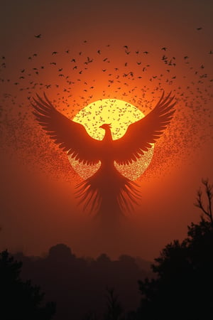 Majestic shot captures thousands of birds soaring towards mystical Phoenix shrouded in fiery aura, partial silhouette obscured by inferno. Viewer's gaze drawn to Phoenix's shape, darkened skies backdrop warm flames illuminate landscape. Birds' wings beat fiercely, formation mesmerizing blur of feathers, motion.