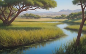 masterpiece oil painting by trending artist in the style of surrealism, (((The Protea)) ,high resolution and contrast and color contrast,  depth of view, grass,river, bush