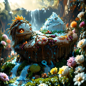 ultra detailed, animation fantacy, masterpiece, score_9, score_8, score7,  (crazy strange cake monster), adicted to cake, in a wonderland made of cake.  wonderland, grass,flowers trees and a waterfall.