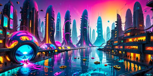 score_9, score_8, score_7, an alien futuristic city, reflected in the ocean surrounding it, masterpiece, neon splash art, vibrant surreal colours.,niji,noc-futuristic