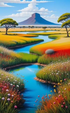 masterpiece oil painting by trending artist in the style of surrealism, (((The South African National Flower)) ,high resolution and contrast and color contrast,  depth of view, grass,river, bush