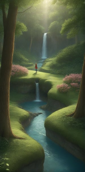 source_anime, rating_safe, best quality, masterpiece, score_9, score_8_up, score_7_up,  very aesthetic, absurdres, perfect anatomy,  ((alice in wonderland)), close up, depth of view, vivid colors, Magical kingdom with grass,trees,waterfall