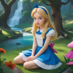 source_anime, rating_safe, best quality, masterpiece, score_9, score_8_up, score_7_up, portrait, 1girl, ((alice in wonderland)), close up, depth of view, vivid colors, Magical kingdom with grass,trees,waterfall