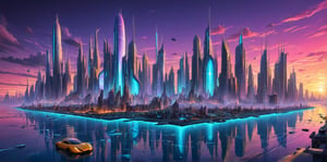 score_9, score_8, score_7, an alien futuristic city, reflected in the ocean surrounding it, masterpiece, neon splash art, vibrant surreal colours.,niji,noc-futuristic