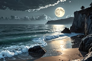 hyper detailed, ultral realism, score_9, score_8, score_7, A tranquil beach scene under the light of a full moon. The waves gently lap at the shore, reflecting the silvery moonlight. Tall, dark cliffs frame the beach, and bioluminescent algae glow softly in the water. The sky is filled with stars, and the air is thick with a sense of mystery and calm, serene and mysterious, high contrast between dark cliffs and glowing water 