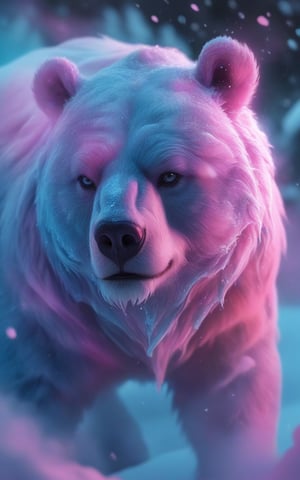 airbrush, poster, frame, Art Decó, 3d, relief, dynamic image of a polo bear formed entirely from vibrant blizzard and swirling snow. The polo bear should appear fierce and majestic, with its body composed of intricate patterns of ice that glow in shades of winter. Infuse the blizzard with a rich palette of twisting colors, including deep blues, purples, greens, and bright pinks, creating a mesmerizing and surreal effect. The smoke should billow around it in soft gradients of gray, black, and hints of iridescent colors, adding depth and contrast. The background should be a dark, dramatic setting that highlights the fierce polo bear, evoking a sense of power and wildness, while the multitude of colors enhances the overall sense of movement and energy