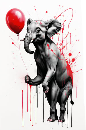 Carne Griffiths, incredible art, graffiti art, modern European ink painting, score_9, score_8, score_7, a black and white painting of a little mouse, side view, giving a red balloon to an elephant,  with red paint splatters, , with a black and white background, photo r3al