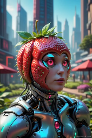 digital art fantasy, hyperdetailed, score_9 score_8, score_7,  A cyberpunk strawberry robot, bloom style macro shot, depth of view, close up. (viewed from a utopian futuristic city park:1.2)