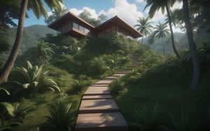 a small house on the left side of a path leading uphill to tropical teak forest on the hills. Amazing details, breathtaking, dramatic angles, eerie sky, delicate, contrast, perfect lighting and  reflections,unreal engine 5, RTX on,ultra HD, 16k, masterpiece,kedamamilk