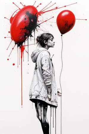 Carne Griffiths, incredible art, graffiti art, modern European ink painting, score_9, score_8, score_7, a black and white painting of a little mouse, side view, giving a red balloon to an elephant,  with red paint splatters, , with a black and white background, photo r3al