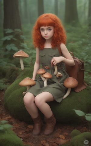 (masterpiece), (ultra-detailed photo), score_9 score_8, score_7, witty and dreamy masterpiece, realistic, "Army of Mushrooms" is an adorable moving mushroom army, (1 girl), small waist, (long curly autumn red hair), green eyes, it's like there's a mushroom rebellion right there on the canvas, "727" is a time capsule of art and pop culture. It's like stepping back into the 90s and discovering a treasure chest full of visual wonders, it's like finding your childhood memories wrapped up in a giant canvas. Get ready for a nostalgic walk down memory lane, landscape, real-world location, sun sunrise