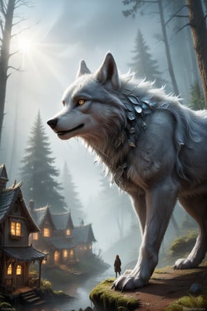 ultra realism, Surreal fantasy, Surreal masterpiece,  score_9, score_8, score_7, A portrait colossal  wolf with silver-gray fur:1.44, standing majestically in a misty enchanted forest. Perched on its broad back is an intricate village of tiny dwarf houses. Scale difference emphasized between the massive wolf and the tiny dwellings. Soft, ethereal lighting bathes the entire scene in a dreamlike quality.