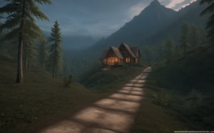 a small house on the left side of a path leading uphill to tropical teak forest on the hills. Amazing details, breathtaking, dramatic angles, eerie sky, delicate, contrast, perfect lighting and  reflections,unreal engine 5, RTX on,ultra HD, 16k, masterpiece,kedamamilk