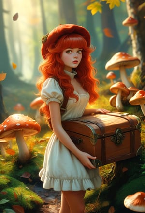 (masterpiece), (ultra-detailed), fantasy, digital art, score_9 score_8, score_7, witty and dreamy masterpiece, realistic, "Army of Mushrooms" is an adorable moving mushroom army, (1 girl), small waist, (long curly autumn red hair), green eyes, it's like there's a mushroom rebellion right there on the canvas, "727" is a time capsule of art and pop culture. It's like stepping back into the 90s and discovering a treasure chest full of visual wonders, it's like finding your childhood memories wrapped up in a giant canvas. Get ready for a nostalgic walk down memory lane, landscape, real-world location, sun sunrise