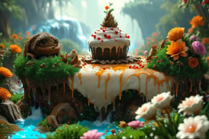 ultra detailed, animation fantacy, masterpiece, score_9, score_8, score7,  crazy strange cake monster adicted to cake in a wonderland made of cake.  wonderland, grass,flowers trees and a waterfall.