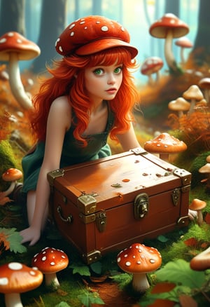 (masterpiece), (ultra-detailed), fantasy, digital art, score_9 score_8, score_7, witty and dreamy masterpiece, realistic, "Army of Mushrooms" is an adorable moving mushroom army, (1 girl), small waist, (long curly autumn red hair), green eyes, it's like there's a mushroom rebellion right there on the canvas, "727" is a time capsule of art and pop culture. It's like stepping back into the 90s and discovering a treasure chest full of visual wonders, it's like finding your childhood memories wrapped up in a giant canvas. Get ready for a nostalgic walk down memory lane, landscape, real-world location, sun sunrise