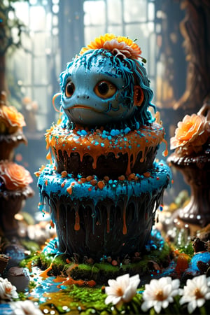 ultra detailed, animation fantacy, masterpiece, score_9, score_8, score7,  (crazy strange cake monster), adicted to cake, in a wonderland made of cake.  wonderland, grass,flowers trees and a waterfall.