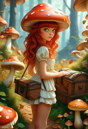 (masterpiece), (ultra-detailed), fantasy, digital art, score_9 score_8, score_7, witty and dreamy masterpiece, realistic, "Army of Mushrooms" is an adorable moving mushroom army, (1 girl), small waist, (long curly autumn red hair), green eyes, it's like there's a mushroom rebellion right there on the canvas, "727" is a time capsule of art and pop culture. It's like stepping back into the 90s and discovering a treasure chest full of visual wonders, it's like finding your childhood memories wrapped up in a giant canvas. Get ready for a nostalgic walk down memory lane, landscape, real-world location, sun sunrise