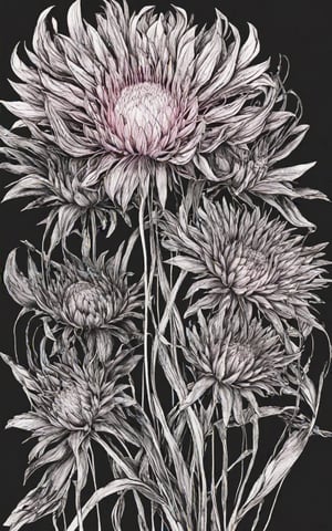 (Minimalism), intricately textured and extremely subtle detailed, score_9, score_8, score_7, (((The Protea)), one-line sketch of a surrealistic fantasy flower ,high resolution and contrast and color contrast,  fine artwork 