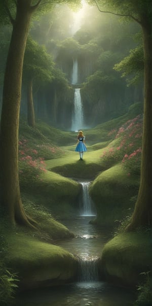 source_anime, rating_safe, best quality, masterpiece, score_9, score_8_up, score_7_up,  very aesthetic, absurdres, perfect anatomy,  ((alice in wonderland)), vivid colors, Magical kingdom with grass,trees,waterfall