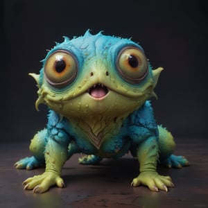 Ombre color scheme of neon pink, neon blue, neon yellow, neon green, neon orange, (solo) (cute:1.2) (big eyed monster:1.1), (simple dark background:1.3) (textured:1.1) (lizard scales:0.4), subsurface scattering, Photorealistic, Hyperrealistic, analog style, realistic, film photography, soft lighting, heavy shadow, Ultra High Definition 64K, Detailed and Intricate, Digital Art, Photo, Realistic, Cinematic, Studio Lighting, Beautiful Lighting