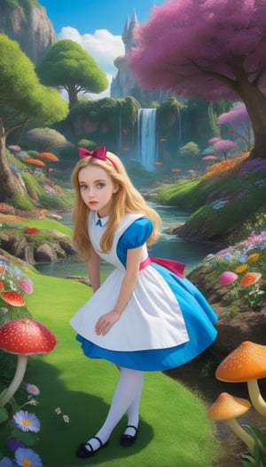 source_anime, rating_safe, best quality, masterpiece, score_9, score_8_up, score_7_up, portrait, bloom style, macro shot, 1girl, ((alice in wonderland)), close up, depth of view, vivid colors, Magical kingdom with grass,trees,waterfall