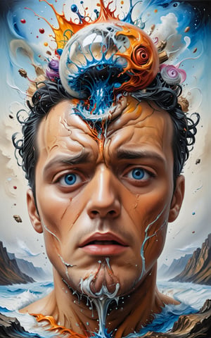 Create a surreal masterpiece oil painting by popular trending artist:"a mans head exploding from excitement" ultra detailed and intricate, blend a mixture of classic art with modern surrealism showcasing art that no one has ever seen before.