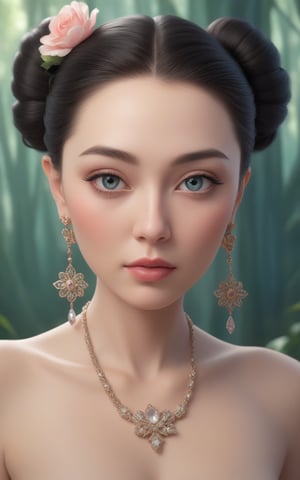  Photorealistic quality, 16K, UHD." (masterpiece, ultra-high resolution, sharp focus, crystal clear, vivid, high clarity, defined edges, ultra-sharp textures, subsurface scattering), score_9, score_8, score_7, "Oil painting of a beautiful girl with a delicate, three-dimensional face and exquisite facial features. She has elegant, intricate makeup and her hair is styled in a bun. She is wearing luxurious palace clothes adorned with elegant and exquisite accessories.  iInfluences from Asian Artistry,  Bamboo forest,river,flowers.