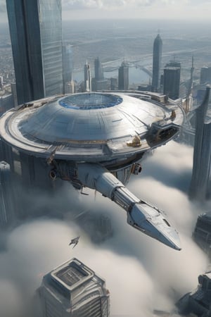 score_9, score_8, score_7, Captured from a high-angle perspective, a spaceship is soaring through the air. The spaceship is adorned with a large round, shiny, reflective reflective surface. Its arms are stretched out, adding a touch of depth to the scene. To the right of the spaceship, a row of tall buildings can be seen. The buildings are adorned with numerous windows, each with a unique design. The sky is a deep blue, dotted with white clouds. A few vehicles are moving on the road below the spaceship.