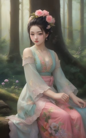 (((masterpiece by the combined infulence of Foujita Tsuguharu and Rembrandt van Rijn))), oil painting,  , Score_9, score_8, score_7, 1girl, ,illustration, vivid colors, AO DAI clothes, delicate and beautiful, absurdres,huge filesize,ultra-detailed,highres,beautiful detailed girl, forest,river,flowers