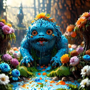 ultra detailed, animation fantacy, masterpiece, score_9, score_8, score7,  (crazy strange cake monster), adicted to cake, in a wonderland made of cake.  wonderland, grass,flowers trees and a waterfall.