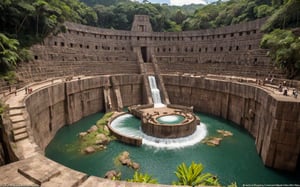 hyperdetailed, ulrtra realism, RAW photo  UHD 16K , score_6, score_5, score_4, A scene from the Bronze Age, A dam made of large blocks runs right through a canyon in the tropical rainforest, At the foot of the dam is a large water basin,The dam is decorated with Mayan-style symbols and motifs