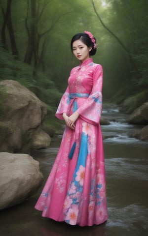 Ultra Realism, Profesional photograhy, RAW Photo, UHD 16K, Score_9, score_8, score_7, 1girl, vivid colors, AO DAI clothes, delicate and beautiful, absurdres,huge filesize,ultra-detailed,highres,beautiful detailed girl, forest,river,flowers