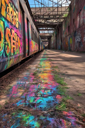 HDR, high contrast, detailed, intricate, masterpiece, oil painting by Leonardo da Vinci and Michelangelo, with a hint of Vincent van Gogh, score_9, score_8 score_7, (Old-timey train lost and graffitied:1.66), twisting and turning on a MÃ¶bius strip of realities, dimly lit, vibrant spray paint colors, urban decay, crumbling concrete, rusty metal, vandalized, reality-questioning, enigmatic, cryptic, mysterious, trippy, psychedelic, mind-bending, surreal, concept. 