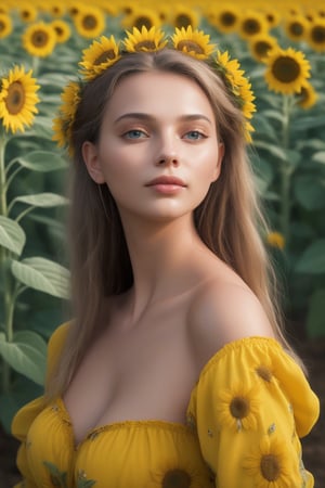 hyperdetailed, digital art, score_9, score_8, score_7, A bloom style macro shot of a beautiful young lady walking in a sunflower field, Depth of view,close up