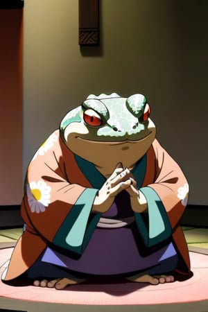 Gamabunta, the wise and stoic toad from the Naruto series, sits in a deliberate pose. He wears a traditional Japanese kimono, its intricate patterns and folds meticulously rendered. His eyes, narrowed into a frown, lock onto the viewer's gaze, exuding an air of intensity. One hand cradles a pipe, its stem poised between his fingers like a thoughtful meditation aid. The other reaches back, fingers stretching towards the katana sheathed at his waist, as if preparing to unsheathe it at a moment's notice. The front view showcases Gamabunta's rugged, weathered features, with fine lines etched around his eyes and mouth. The overall composition is balanced, with the kimono's folds creating a sense of depth and texture against the subtle background.